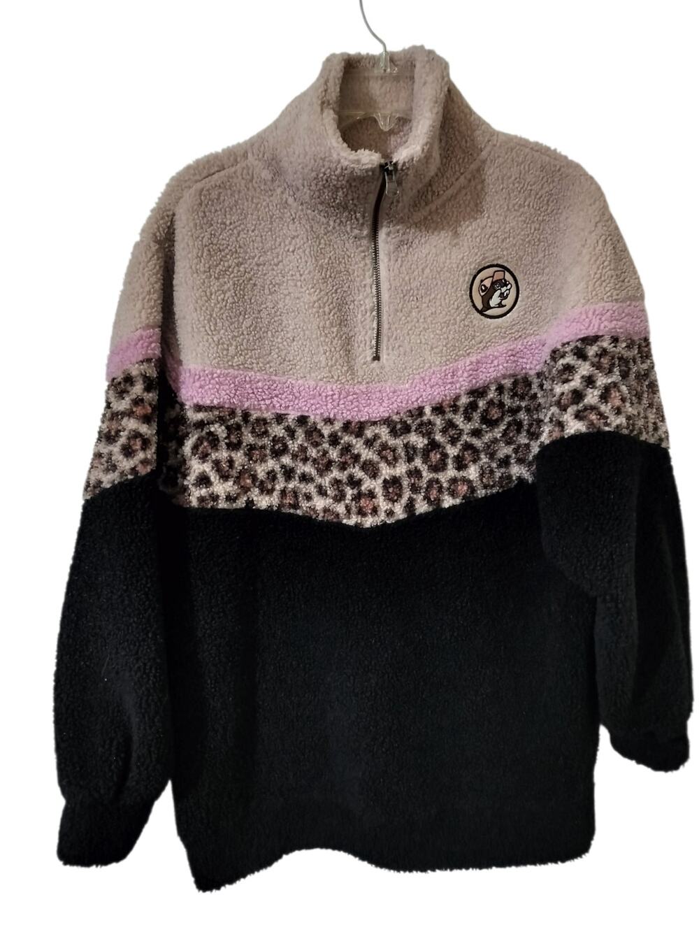 5974)Buc-ee's Sherpa Half Zip Pullover Color Block Cheetah Print Sweater Small